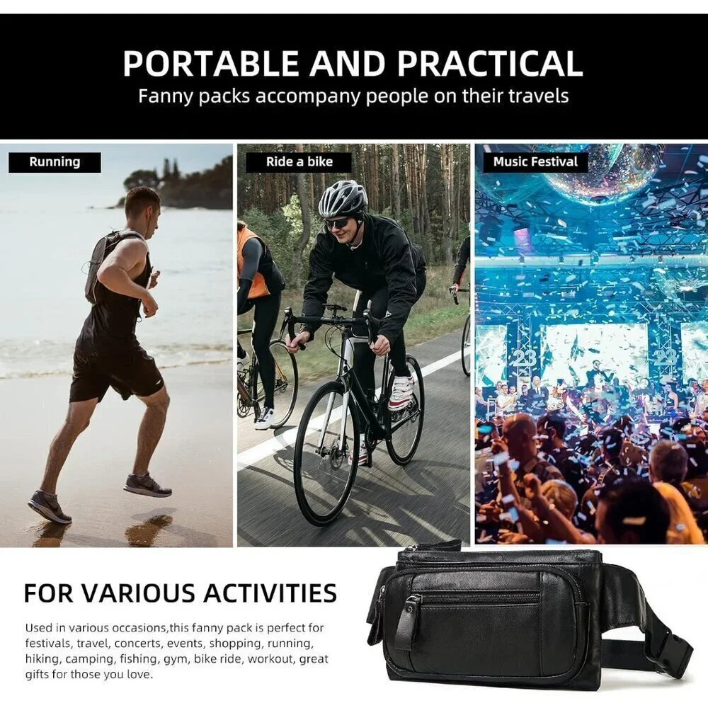 💫 Men Black Leather Adjustable Fashion Small Travel Hiking Cycling Waist Packs